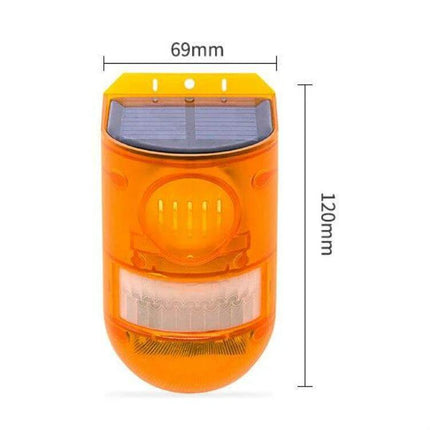 Solar Powered Motion Sensor Alarm Light for Farm Security - orange solar alarm light with motion sensor and dimensions 69mm x 120mm