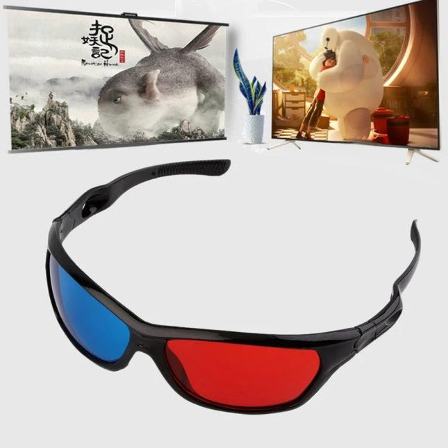 ONLENY Red and Blue 3D Glasses for Movies and Games showing red-blue anaglyph lenses with TVs playing 3D scenes