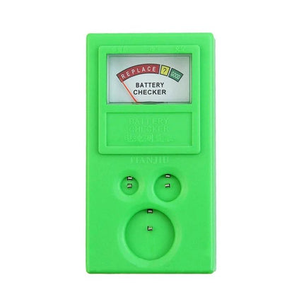 Handheld Green Watch Battery Tester for Button Cells - compact tester with analog gauge showing Replace/Good for watch button cell batteries