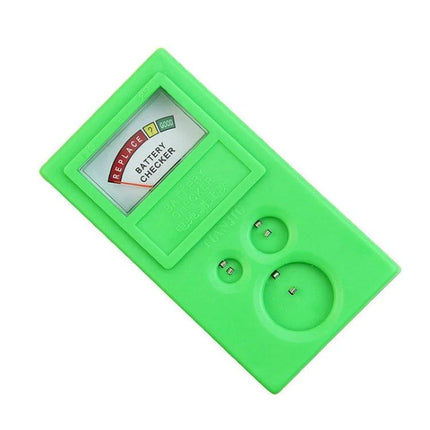 Handheld Green Watch Battery Tester for Button Cells showing green handheld unit with display and three button cell test sockets