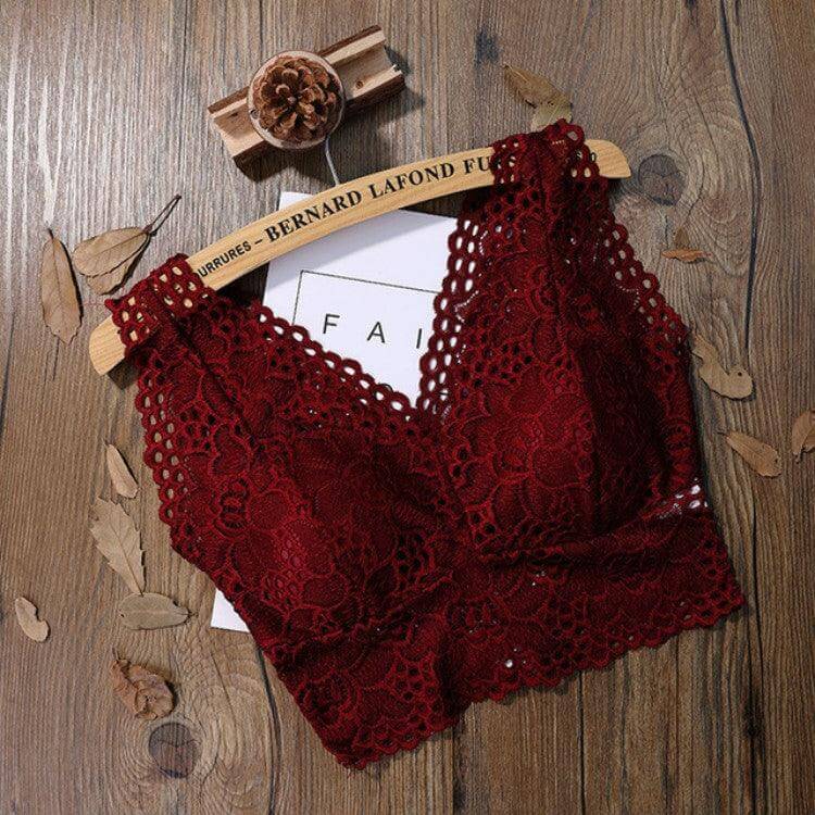 Lace Seamless Tube Crop Top with V-Neck Design for Women Wine Red