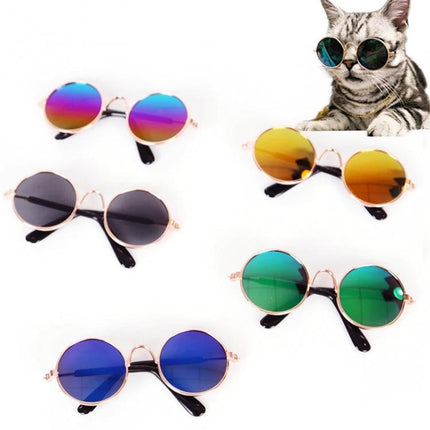 Pet Sunglasses for Stylish Outdoor Adventures with Dogs - metal round mirrored shades displayed in multiple colors with a cat wearing them