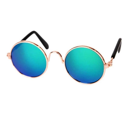 Pet Sunglasses for Stylish Outdoor Adventures with Dogs - round metal mirrored lenses in teal with black temple tips
