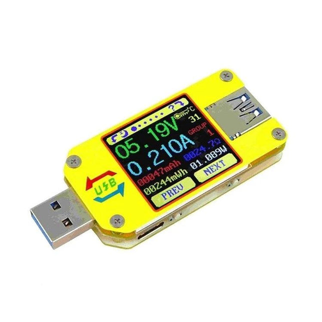 USB Type-C Voltage and Current Tester with Color Display Screen showing 1.44-inch color LCD reading voltage and current on yellow USB tester