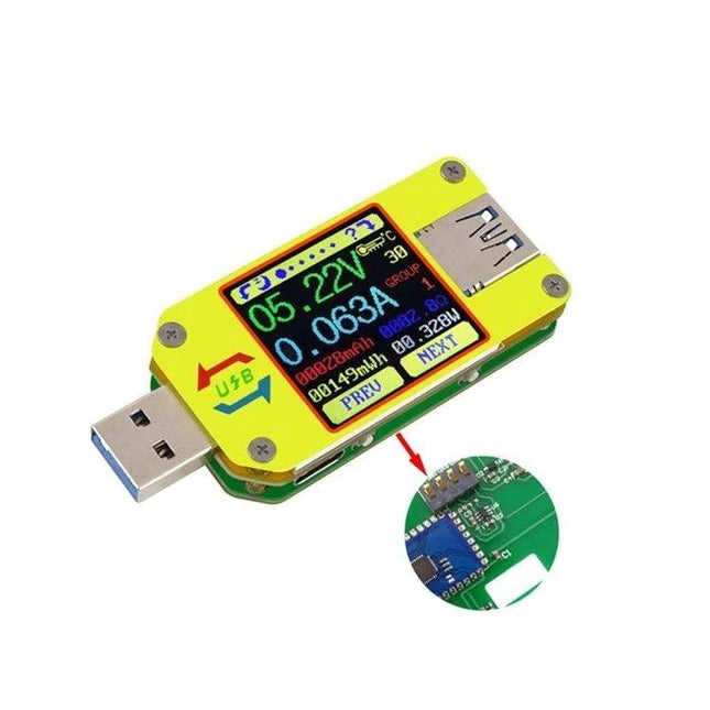 USB Type-C Voltage and Current Tester with Color Display Screen showing 1.44-inch color LCD reading voltage 05.22V and current 0.063A on yellow USB dongle