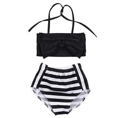 Girls Striped Triangle Bikini Set With Bow Polyester