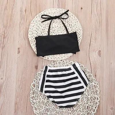 Girls Striped Triangle Bikini Set With Bow Polyester