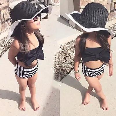 Girls Striped Triangle Bikini Set With Bow Polyester