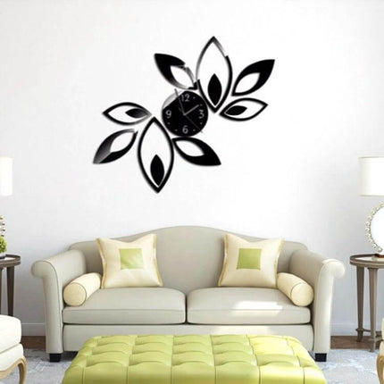 Flower Art Modern DIY 3D Crystal Mirror Wall Clock mounted above a sofa, black floral mirror-acrylic design with self-adhesive installation