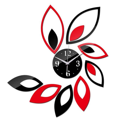 Flower Art Modern DIY 3D Crystal Mirror Wall Clock red and black floral acrylic mirror clock with self-adhesive petals, modern living room centerpiece