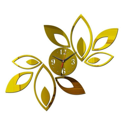 Flower Art Modern DIY 3D Crystal Mirror Wall Clock - gold floral acrylic mirror wall clock, self-adhesive, 65×45 cm centerpiece