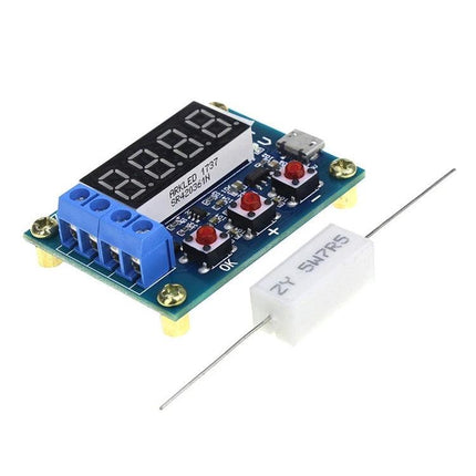 Handheld Battery Capacity Tester for Rechargeable Cells compact module with LED display, micro USB port, push buttons and test resistor