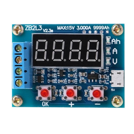 Handheld Battery Capacity Tester for Rechargeable Cells compact handheld tester with LED display, buttons and terminal block for testing flashlights and power tools
