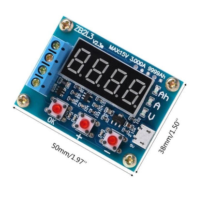 Handheld Battery Capacity Tester for Rechargeable Cells - compact digital capacity meter with LED display, buttons and terminal screws for 3.7V–15V cells