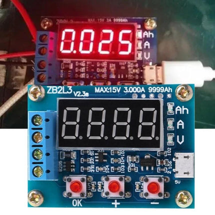 Handheld Battery Capacity Tester for Rechargeable Cells showing digital display and connections for testing flashlight and power tool batteries