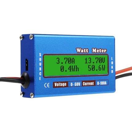 Compact Wattmeter for Everyday Electrical Monitoring - blue inline watt meter displaying voltage current wattage for DIY RC and solar projects