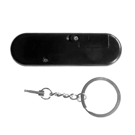 Compact Personal Security Alarm Keychain for Everyday Safety shown in black with keyring for walking students elderly and night use