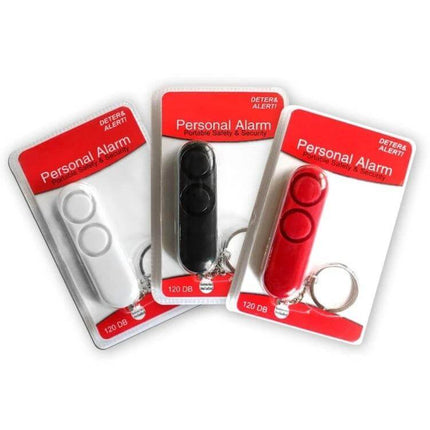 Compact Personal Security Alarm Keychain for Everyday Safety - three packaged keychain alarms in white, black, and red with keyrings
