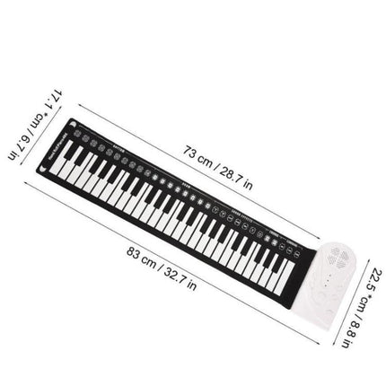 Compact Rollable Piano for Children's Daily Music Practice showing 49-key rollable keyboard with dimensions for travel and home practice