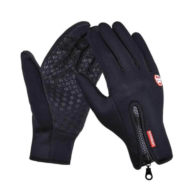 Winter Waterproof Cycling Gloves For Men And Women - black full-finger nylon gloves with zipper, touchscreen and non-slip palm for cold rainy rides