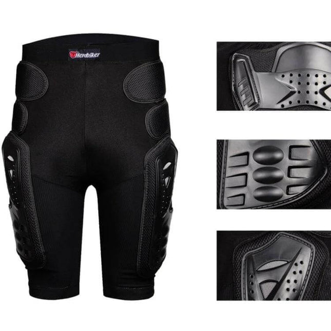 Breathable Off-Road Motorcycle Armor Pants for Everyday Riding showing black protective shorts with ventilated PE resin panels and hip and thigh pads