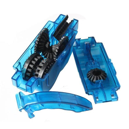 Bike Chain Cleaning Brush Set 3-Piece for Chains and Cogs showing blue plastic brushes and gear-cleaning brushes