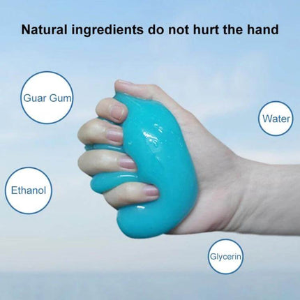 Car Cleaning Gel Sticker for Vehicle Interior Dust Removal - hand squeezing blue gel showing natural ingredients for dashboard and vent cleaning