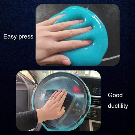 Car Cleaning Gel Sticker for Vehicle Interior Dust Removal - hand pressing blue gel to lift dust from dashboard and air vents