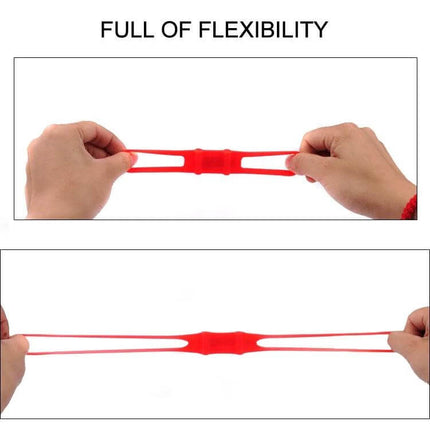 Silicone Bike Light Mount Strap For Handlebar Set Of 5 showing red flexible silicone strap being stretched by hands for bike light mounting