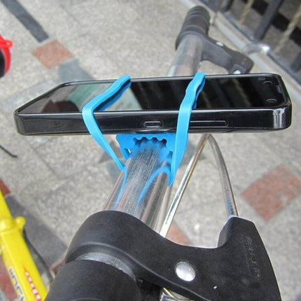 Silicone Bike Light Mount Strap For Handlebar Set Of 5 securing phone or light to bike handlebar with blue silicone strap, tool-free, flexible and durable
