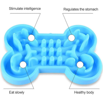 Silicone Slow-Feeder Bowl for Dogs at Daily Mealtime blue bone-shaped silicone slow feeder with raised patterns to slow eating and aid digestion