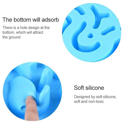 Silicone Slow-Feeder Bowl for Dogs at Daily Mealtime showing blue soft silicone raised maze pattern and non-slip suction base