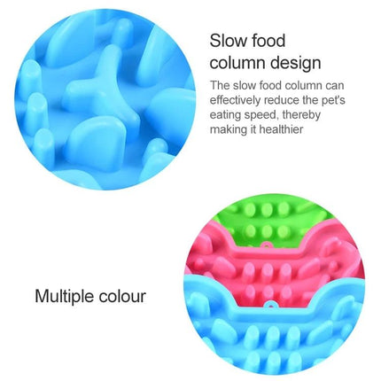 Silicone Slow-Feeder Bowl for Dogs at Daily Mealtime with raised slow food column design in blue green and pink silicone