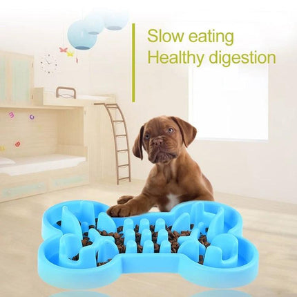 Silicone Slow-Feeder Bowl for Dogs at Daily Mealtime blue bone-shaped silicone slow feeder with kibble and puppy
