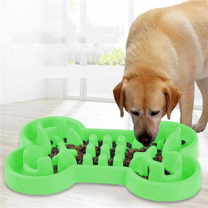 Silicone Slow-Feeder Bowl for Dogs at Daily Mealtime in green bone shape slowing dog eating to reduce choking and improve digestion