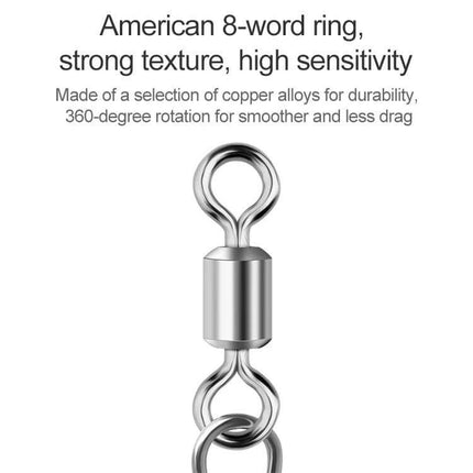 Stainless Steel Fishing Swivel Bearing Connector 10-Pack showing close-up of 360-degree rotating stainless swivel with 8-word ring