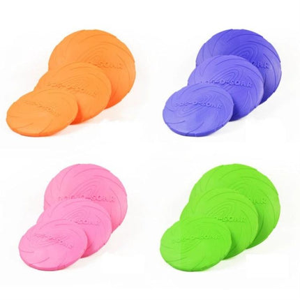 Rubber Flying Disc for Outdoor Dog Play and Training - set of orange, purple, pink, and green floating rubber fetch discs for park and beach