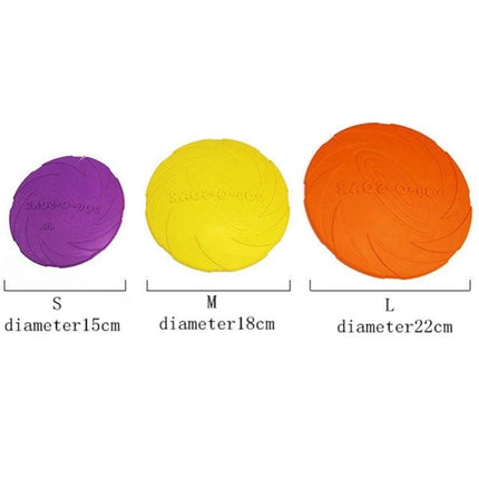 Rubber Flying Disc for Outdoor Dog Play and Training — three sizes (15cm, 18cm, 22cm) in purple, yellow, orange, floating fetch toy