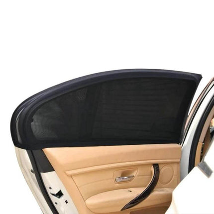 Car Window Mesh Shield for UV and Mosquito Protection installed on car rear door window, breathable polyester mesh blocking sun and insects