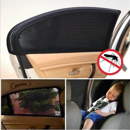 Car Window Mesh Shield for UV and Mosquito Protection shown installed on car door blocking sunlight and insects, child-safe polyester mesh