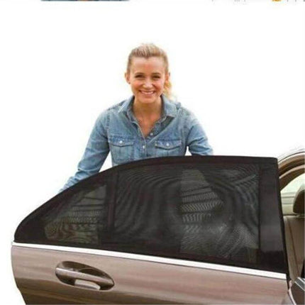 Car Window Mesh Shield for UV and Mosquito Protection - woman installing durable polyester sun and insect car window cover