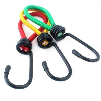 Outdoor Tent Elastic Rope Buckle For Secure Camping - colorful latex elastic straps with two fixed hooks securing camping tarps and gear.