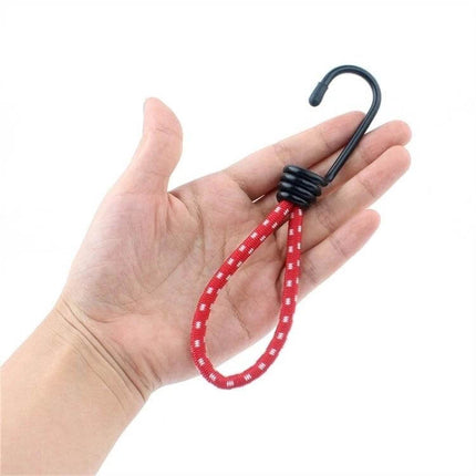 Outdoor Tent Elastic Rope Buckle For Secure Camping - red elastic strap with black S-hook and fixed hooks held in hand, tensioning guy lines and securing gear