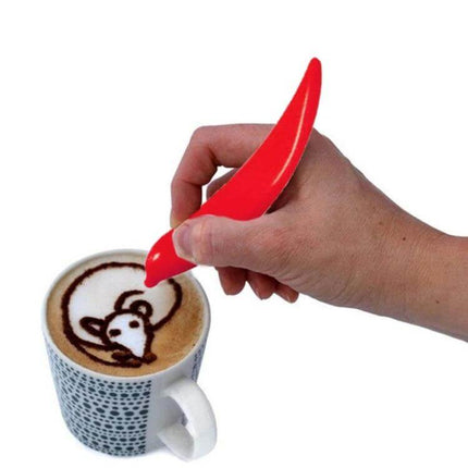 Electric Latte Art Pen for Coffee and Cake Decorating creating bear latte art with red pen over cappuccino cup