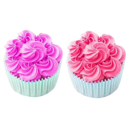 Petal Piping Nozzle Set 5 Piece Stainless Steel Cake Decorating - two cupcakes with pink and purple petal-style frosting flowers
