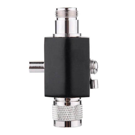 Coaxial Lightning Surge Protector for Radio Antennas black inline coax protector with N and BNC connectors, 1/4 wavelength short-circuit design