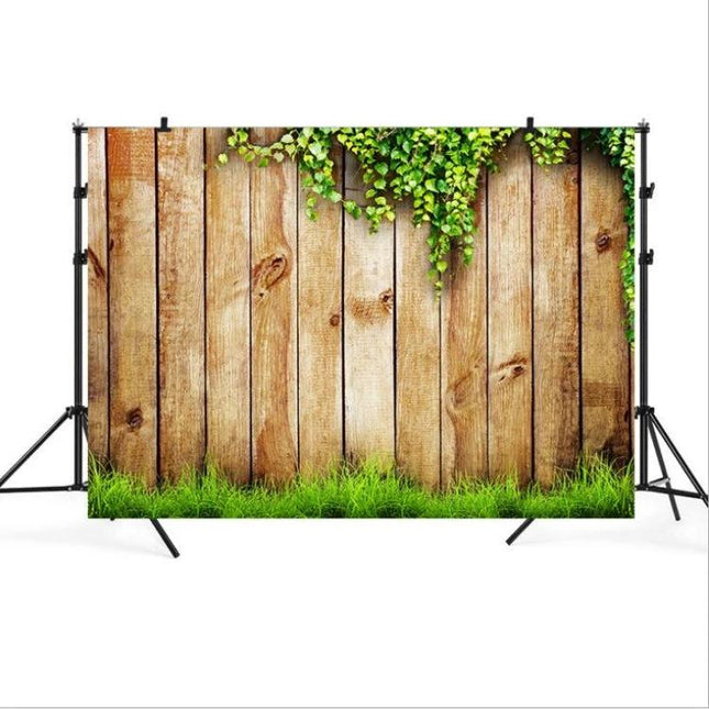 2.1m x 1.5m Vintage Flower Vine Background for Photography - rustic wood plank backdrop with hanging green vines and grass for studio events