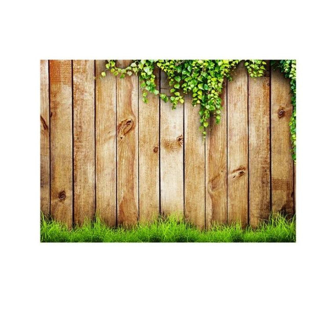 2.1m x 1.5m Vintage Flower Vine Background for Photography showing wooden fence backdrop with hanging vine and grass foreground for events and portraits