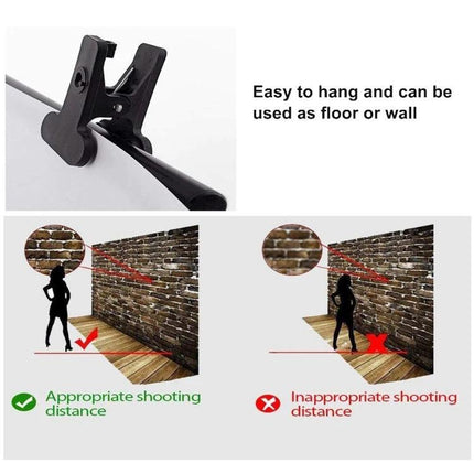 2.1m x 1.5m Vintage Flower Vine Background for Photography hung with clip, shows proper vs inappropriate shooting distance and easy wall or floor setup