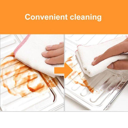 Oil-Proof Cooktop Shield 84x32.5 cm Kitchen Splash Guard showing easy wipe-clean after oil splatter, flexible aluminum foil guard protecting cooktop and backsplash
